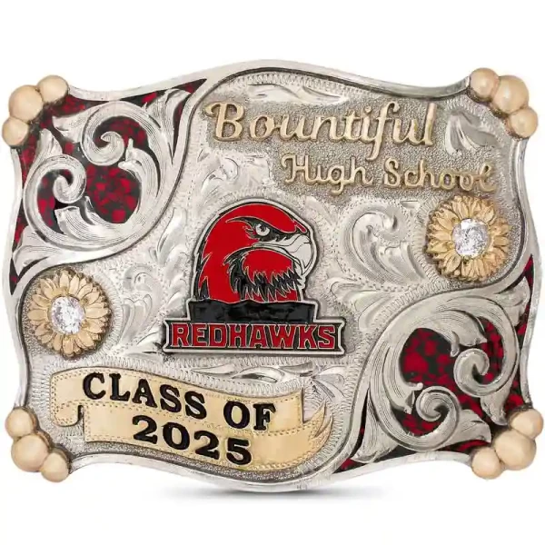 A custom turquoise belt buckle for Davenport High School Class of 2025 featuring a wolf figure 